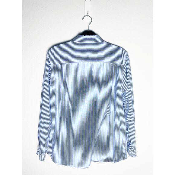 Vintage Two Twenty Women's Blue White Stripe Button Up Cotton Shirt Cat Appliqué - Picture 2 of 6